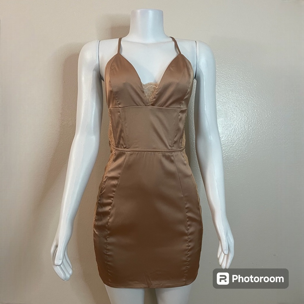 Brown satin lace V-neckline crisscross back straps mini dress